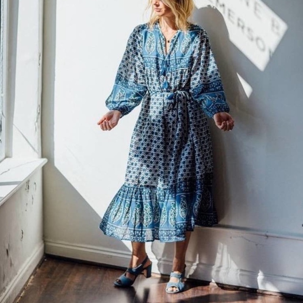 Emerson Fry India Blue Peasant Midi Dress